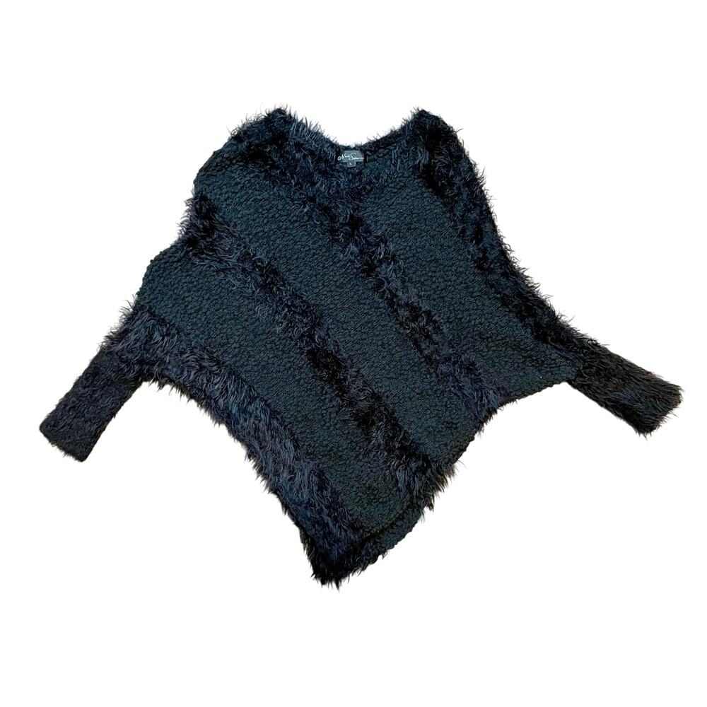 Nicole Sabbattini Black Knit Poncho w/ Arm Cuffs Soft Stretchy Diagonal Stripe L